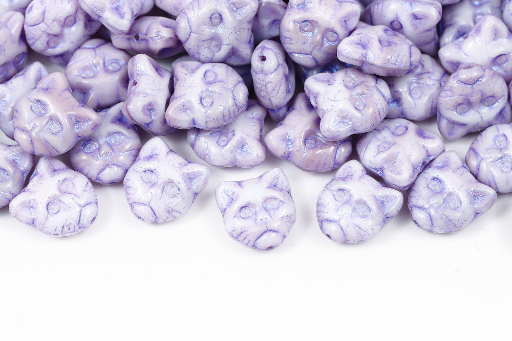 Cat Head 13mm White Purple With Metallic Purple 1-Hole Czech Beads