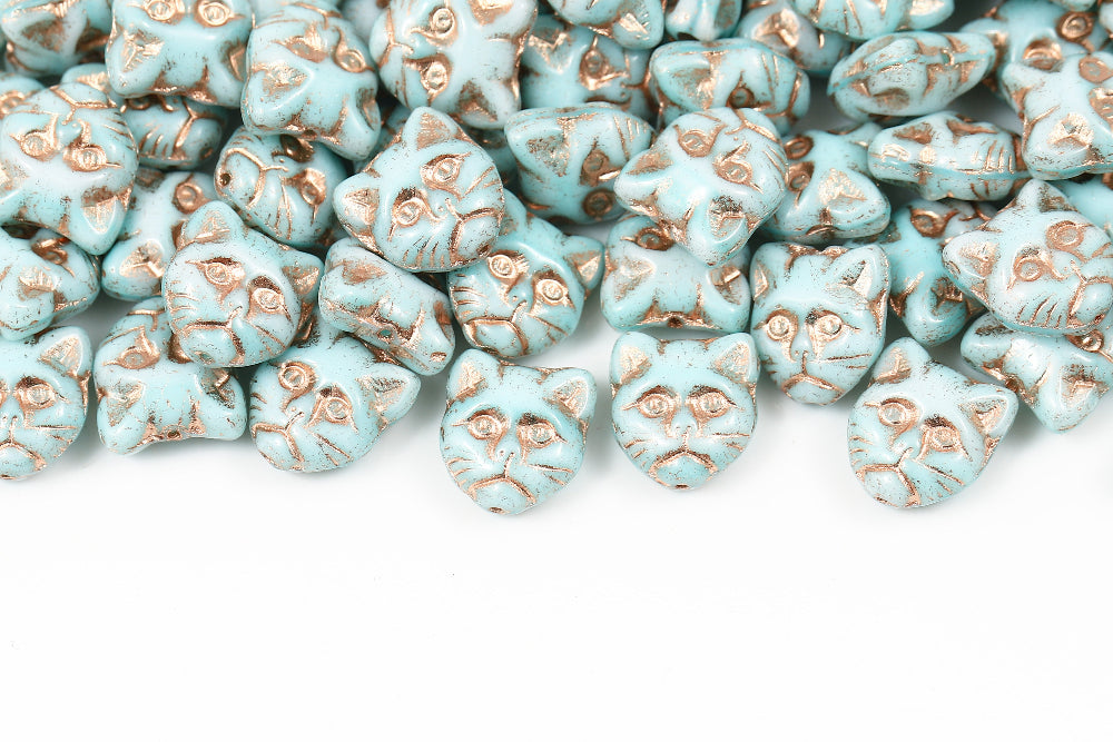 Cat Head 13mm White Blue With Bronze Gold 1-Hole Czech Beads