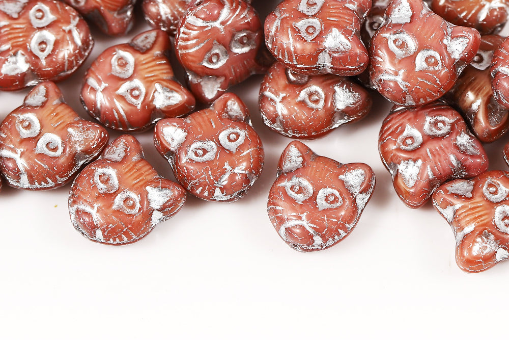 Cat Head 13mm Silk Peach With Silver 1-Hole Czech Beads