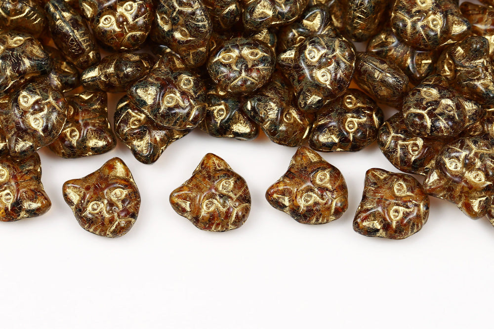 Cat Head 13mm Crystal Travertin With Gold 1-Hole Czech Beads