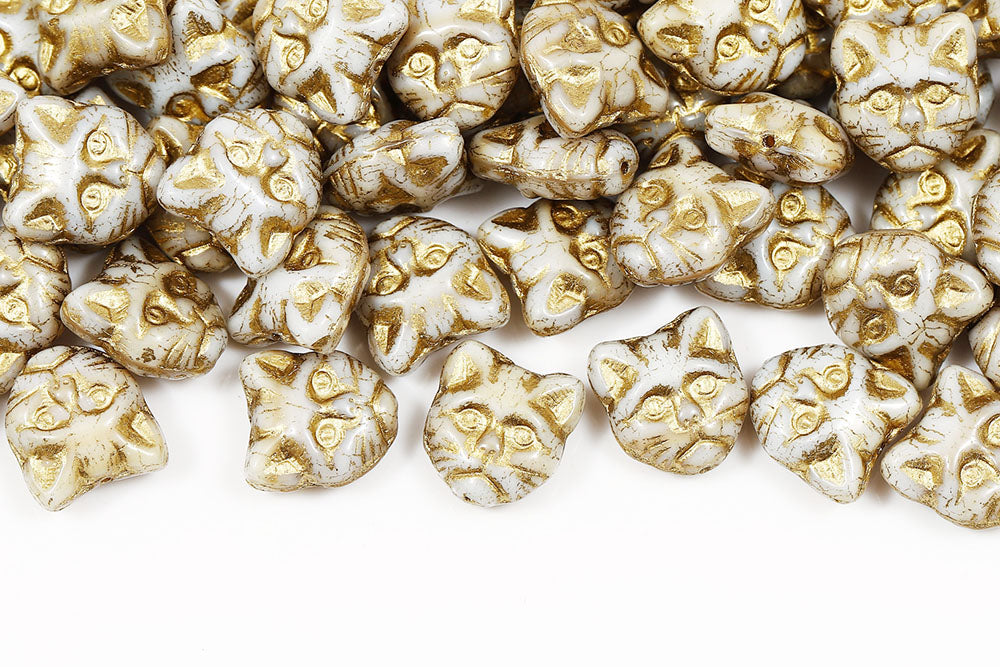 Cat Head 13mm Chalk Yellow Mixed With Gold 1-Hole Czech Beads