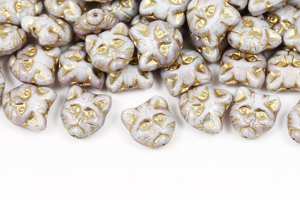 Cat Head 13mm Light Pink With Gold 1-Hole Czech Beads