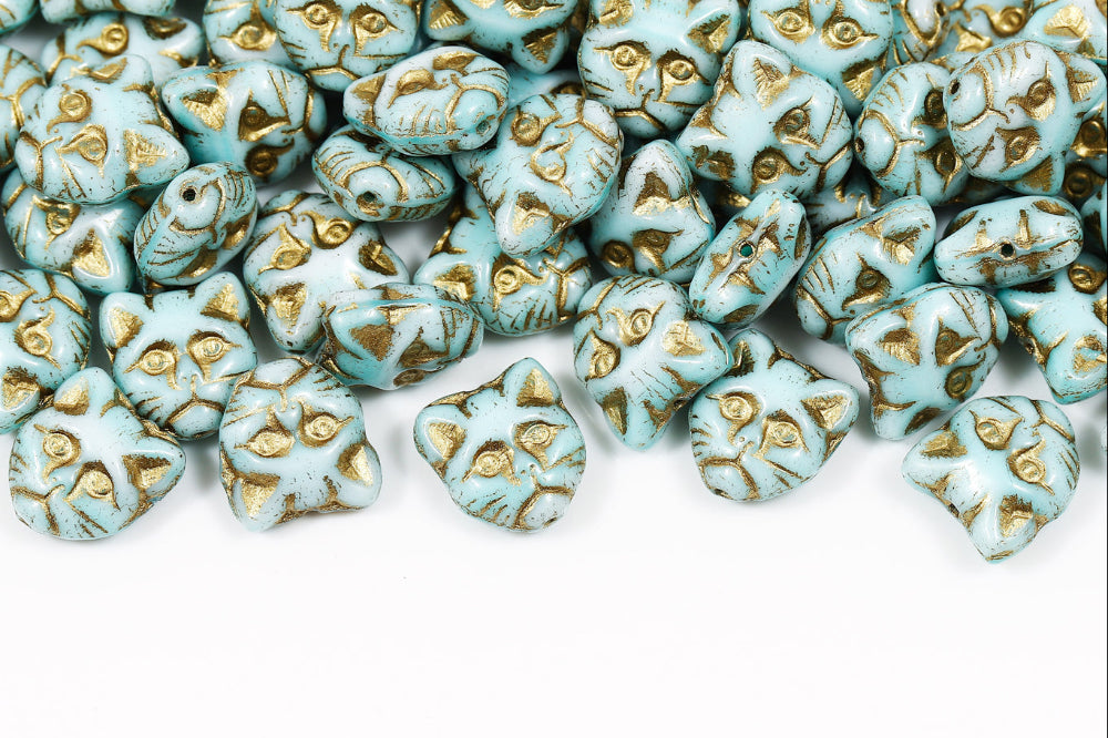 Cat Head 13mm Light Blue With Gold 1-Hole Czech Beads