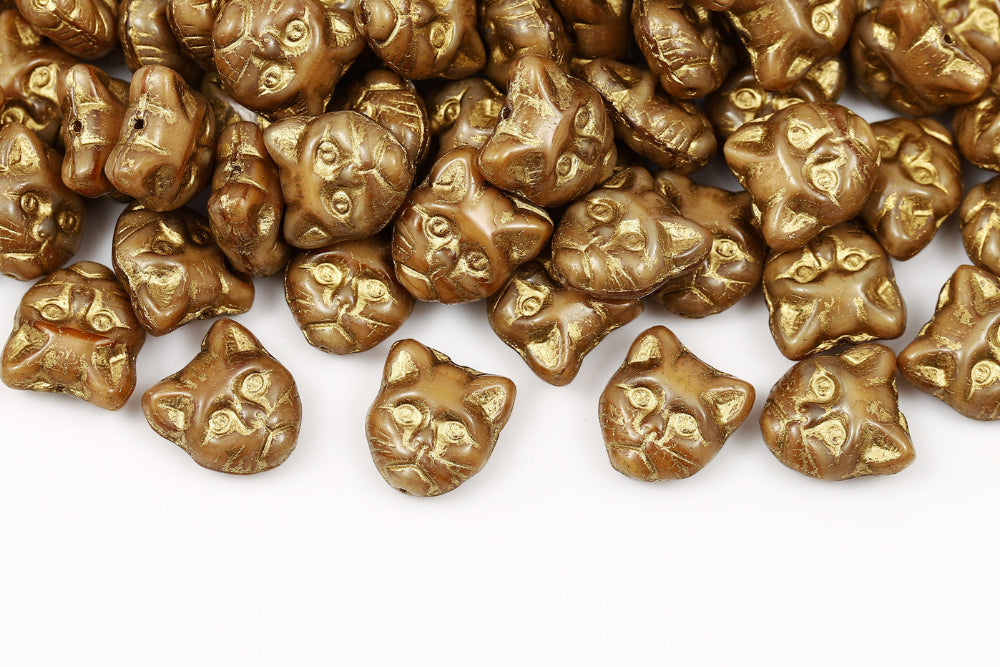 Cat Head 13mm Opaque Brown With Gold 1-Hole Czech Beads