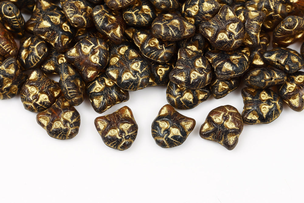 Cat Head 13mm Black and Brown With Gold 1-Hole Czech Beads
