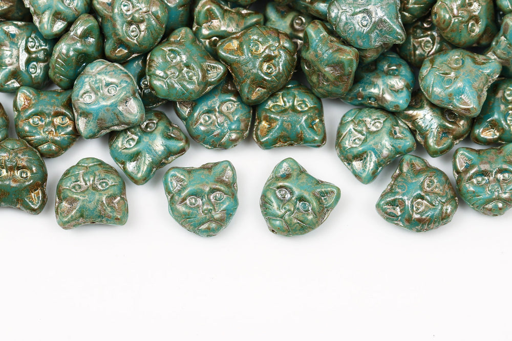 Cat Head 13mm Turquoise Blue Picasso 1-Hole Czech Beads