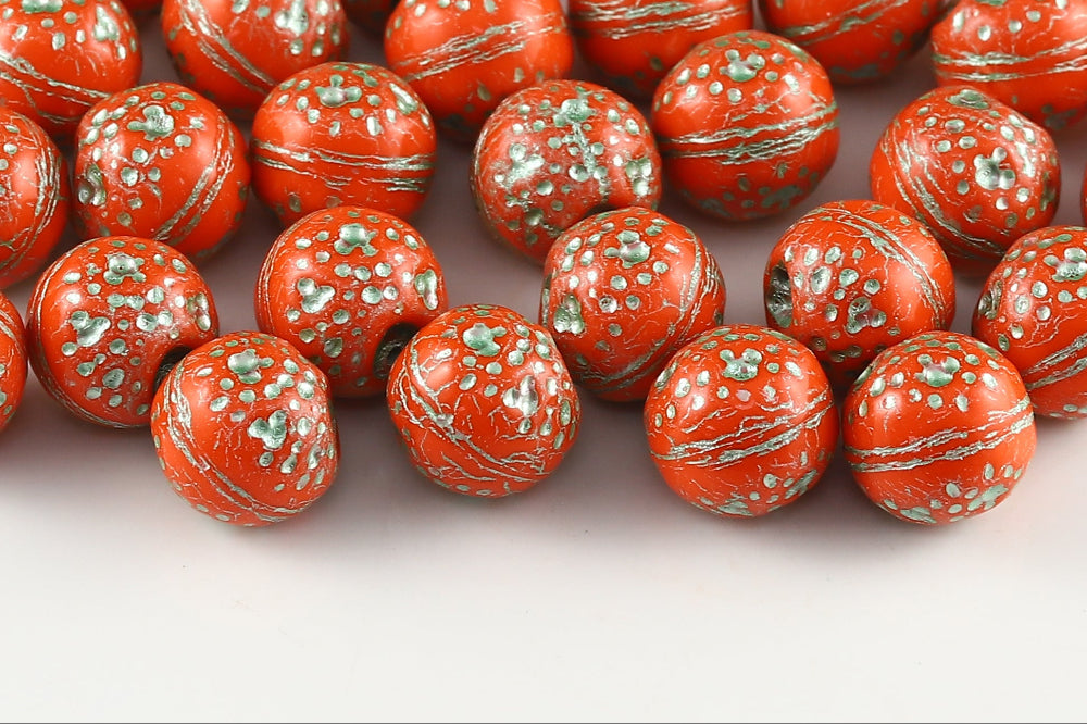Orange 10×10mm Opaque Orange With Metallic Green 1-Hole Czech Beads