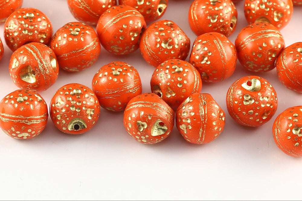 Orange 10×10mm Opaque Orange With Gold 1-Hole Czech Beads
