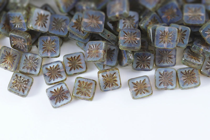 Squared Kiwi 10×10mm Opal Blue Travertin 1-Hole Czech Beads