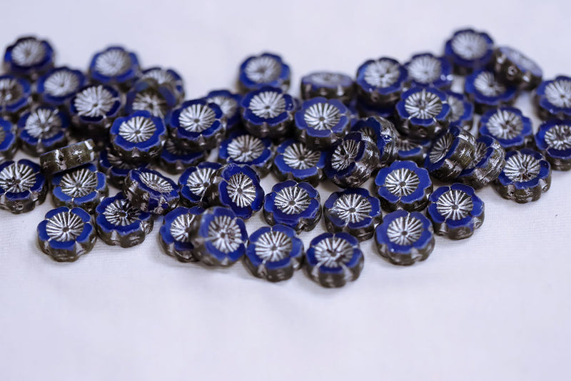 Hawaiian Flowers 14mm Opal Blue Travertin With Silver 1-Hole Czech Beads