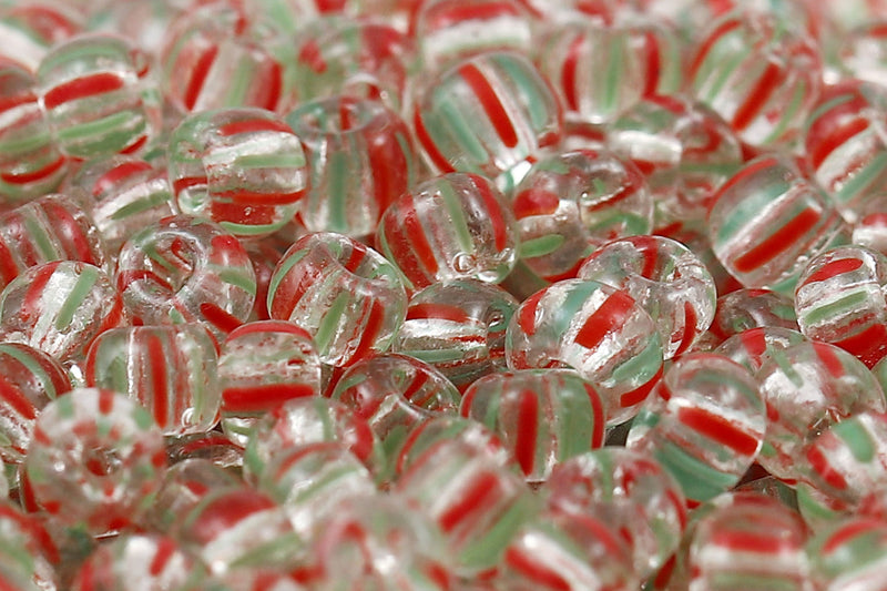 Preciosa Rocailles 8/0 Green&Red Stripes On Crystal Col.00951