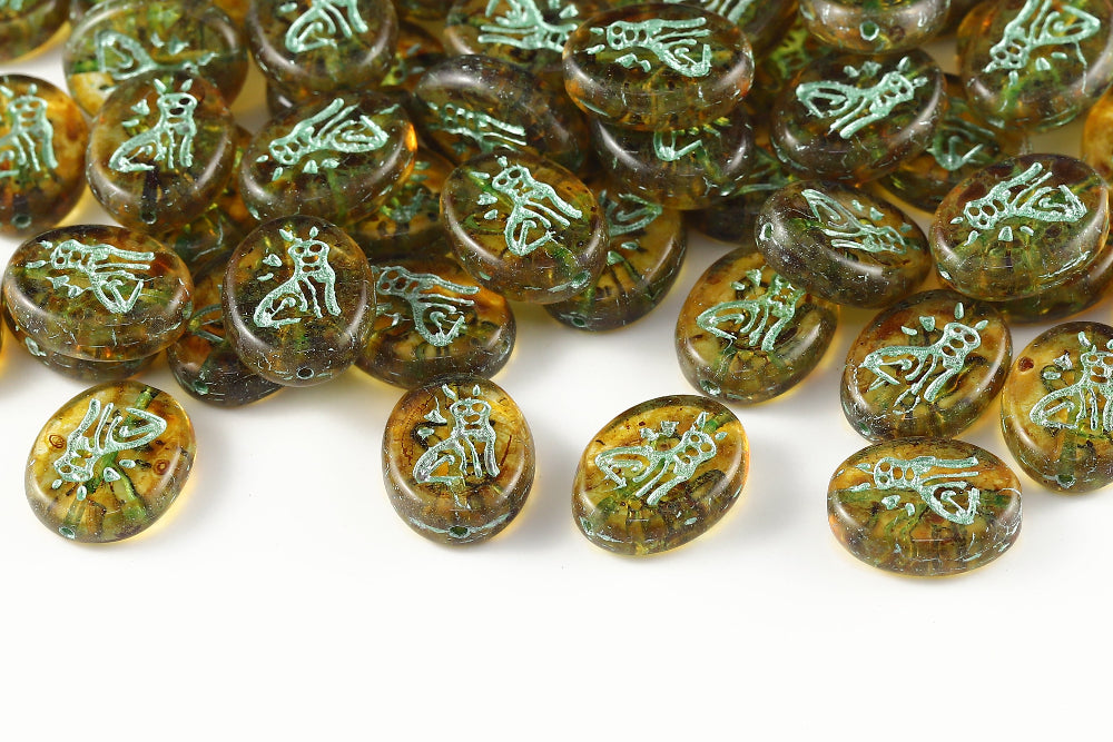 Cat 16×12mm Crystal Travertin With Metallic Green 1-Hole Czech Beads