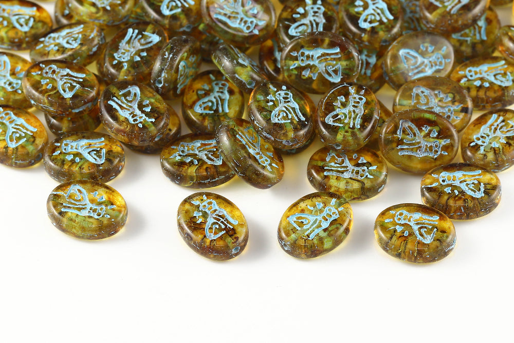 Cat 16×12mm Crystal Travertin With Blue 1-Hole Czech Beads