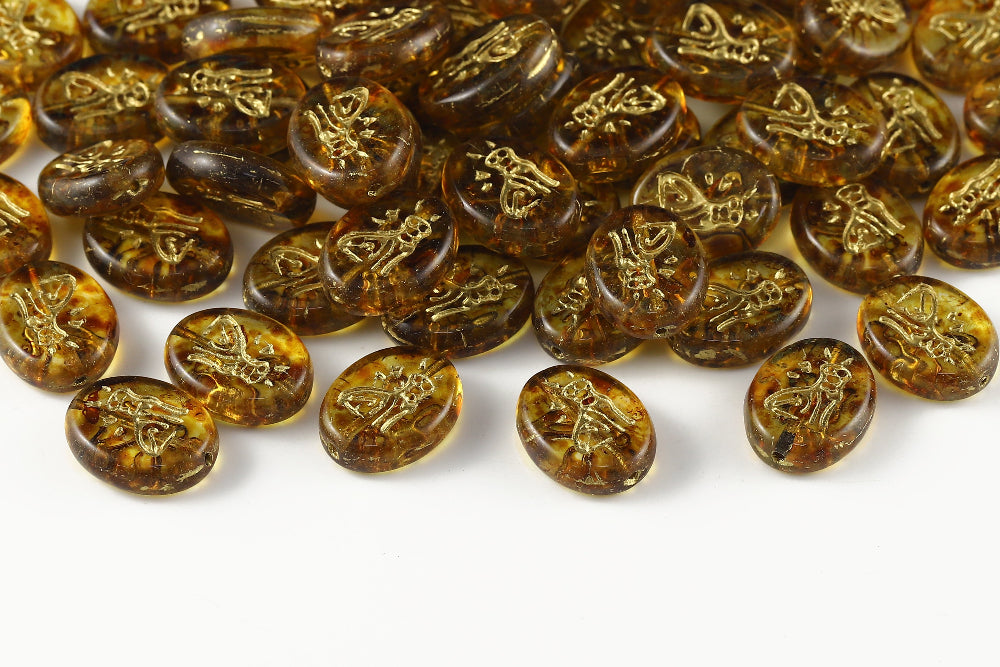 Cat 16×12mm Crystal Travertin With Gold 1-Hole Czech Beads