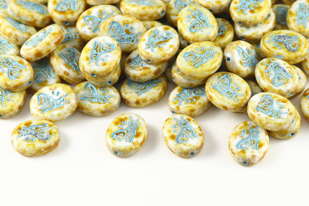 Cat 16×12mm Alabaster Travertin With Blue 1-Hole Czech Beads