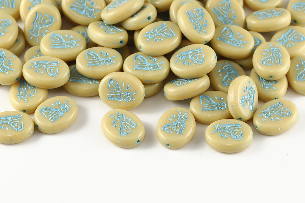 Cat 16×12mm Opaque Lvory With Blue 1-Hole Czech Beads
