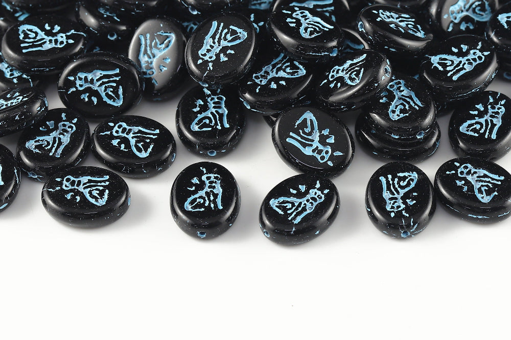 Cat 16×12mm Jet With Blue 1-Hole Czech Beads