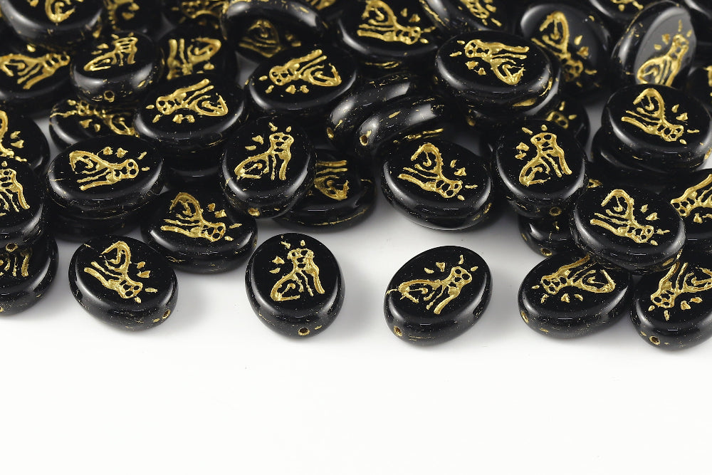 Cat 16×12mm Jet With Gold 1-Hole Czech Beads