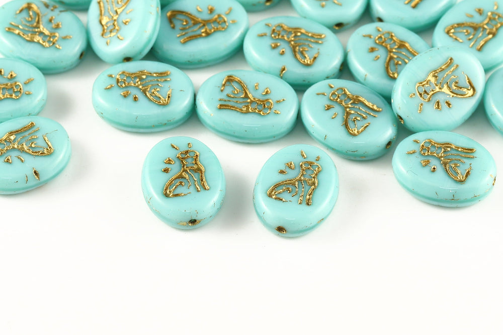 Cat 16×12mm Silk Egg Blue With Gold 1-Hole Czech Beads