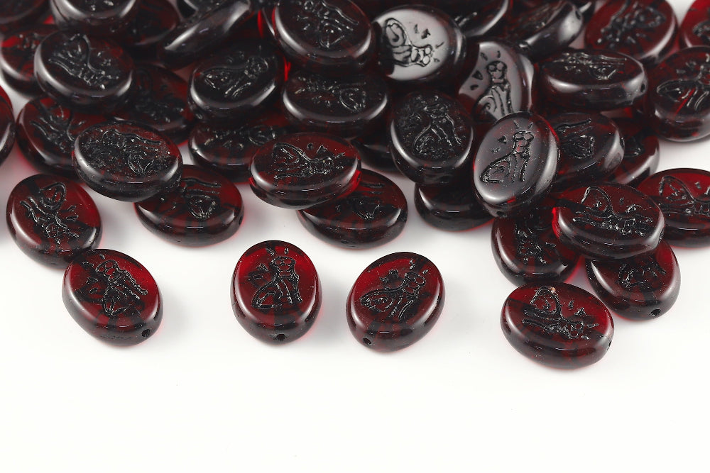 Cat 16×12mm Ruby With Black 1-Hole Czech Beads