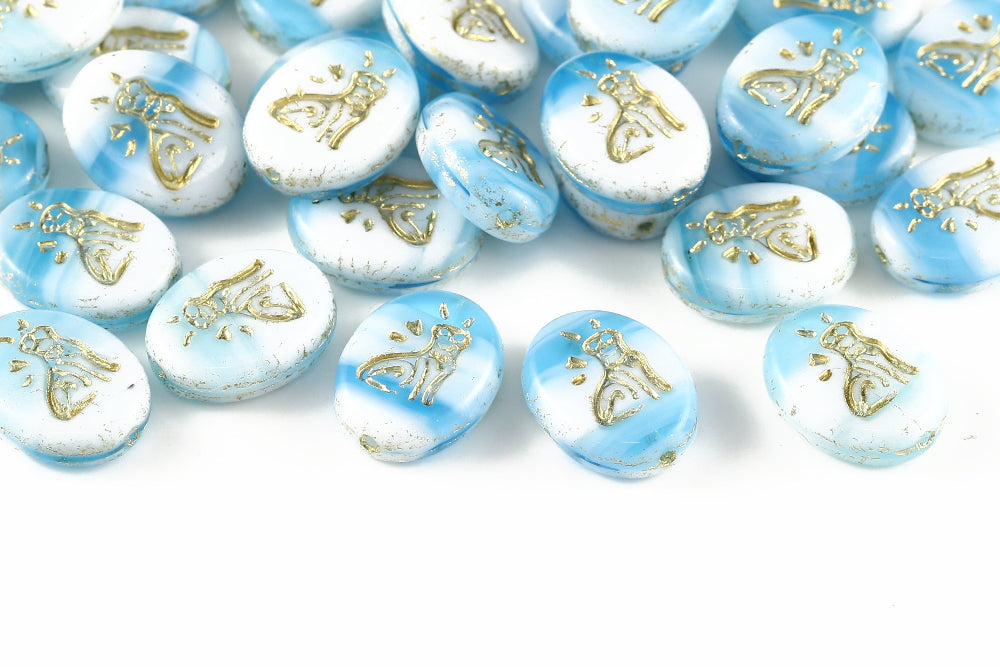 Cat 16×12mm Chalk Aquamarine Mixed With Gold 1-Hole Czech Beads