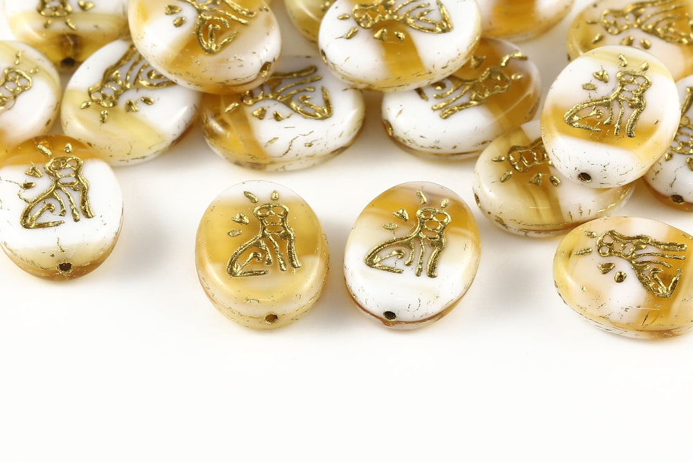 Cat 16×12mm Chalk Topaz Mixed With Gold 1-Hole Czech Beads