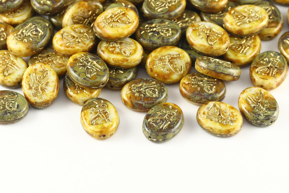 Cat 16×12mm Chalk Topaz Mixed Travertin With Gold 1-Hole Czech Beads