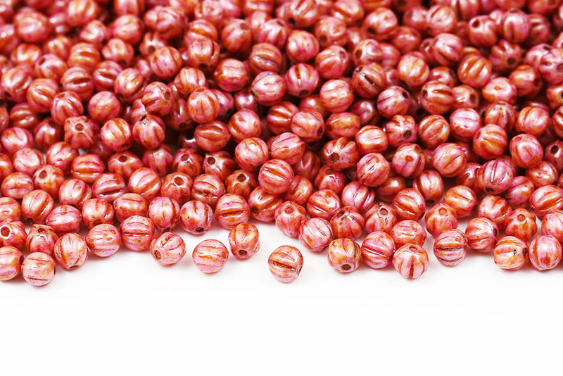 Melon 4mm Chalk Rose Marble Finish Czech Glass Beads