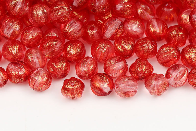 Melon 8mm Crystal Frozen Red Czech Beads