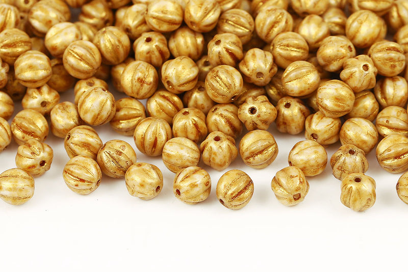 Melon 6mm Chalk Amber Marble Finish With Gold Czech Glass Beads