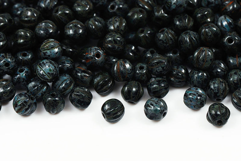 Melon 6mm Jet Travertine Czech Glass Beads