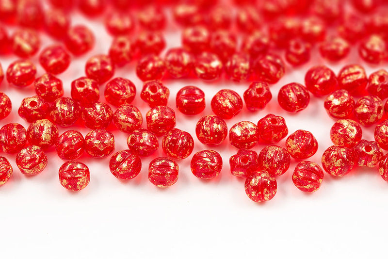 Melon 6mm Gold Splash Lt.Siam Czech Glass Beads