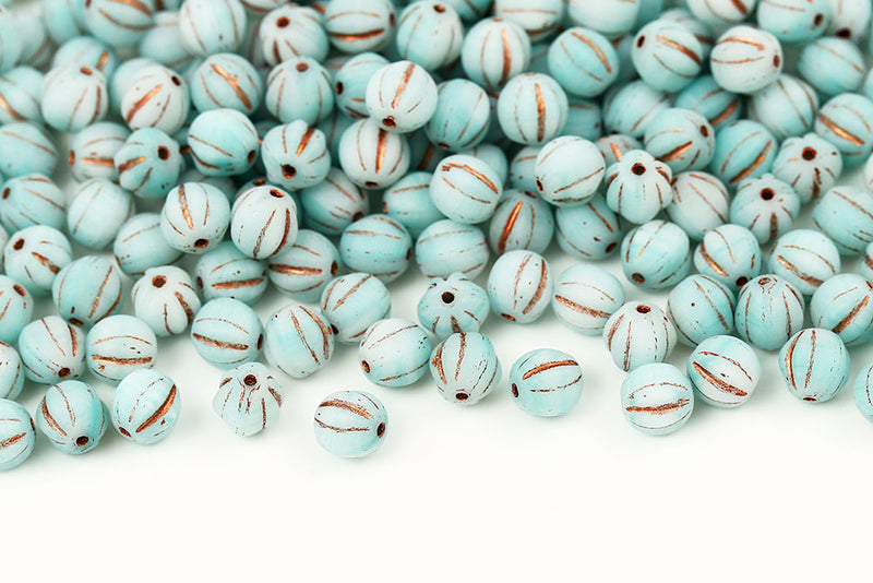 Melon 6mm White Turquoise Mixed With Copper Matt Czech Beads