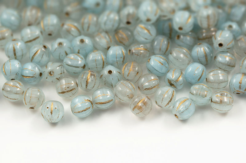 Melon 6mm Crystal Aqua mixed With Gold Czech Beads
