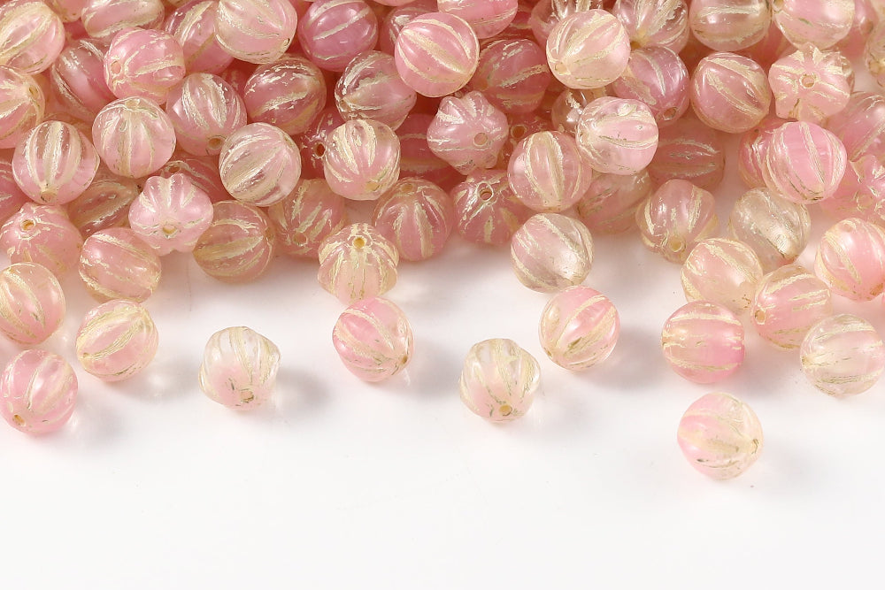 Melon 6mm Crystal Opaque Pink Mixed With Ivory Czech Beads