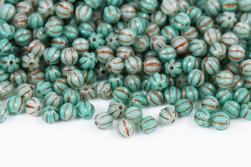 Melon 6mm Opal White Turquoise Mixed With Copper Czech Beads