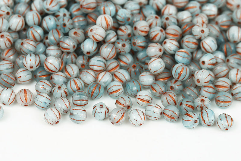 Melon 6mm Opal White Aqua Mixed With Copper Czech Beads