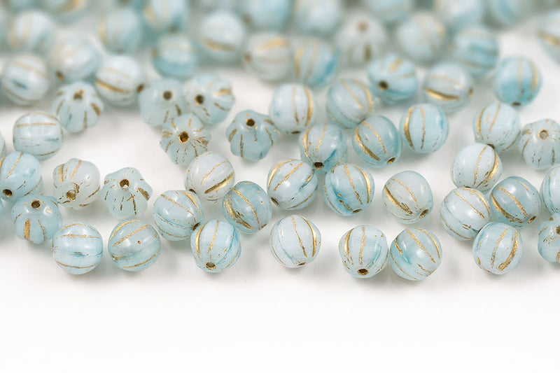 Melon 6mm Opal White Aqua Mixed With Gold Czech Beads