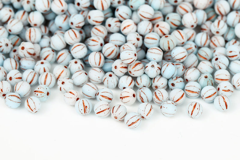 Melon 6mm Opaque Chalk Aqua Mixed With Copper Matt Czech Beads