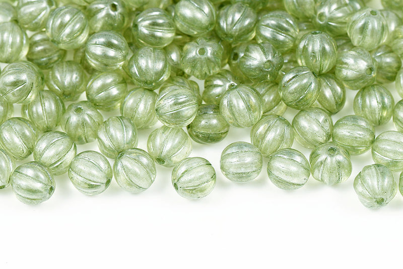 Melon 8mm Crystal Green Luster Czech Glass Beads