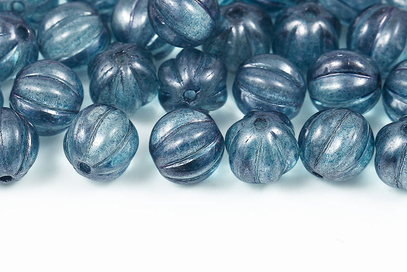 Melon 8mm Crystal Blue Luster Czech Glass Beads