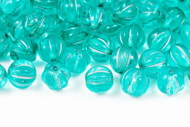 Melon 8mm Chalk Travertin Sky Blue Finish With Silver Czech Beads