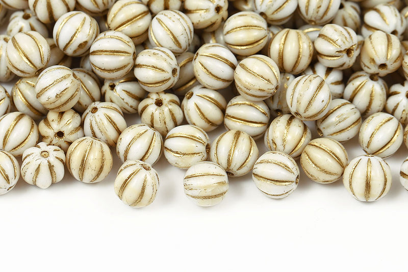 Melon 8mm Opaque Chalk Yellow Mixed With Gold Czech Beads