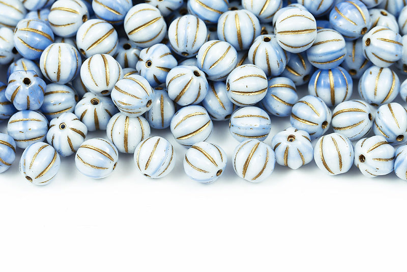 Melon 8mm Opaque White Blue Mixed With Gold Czech Beads