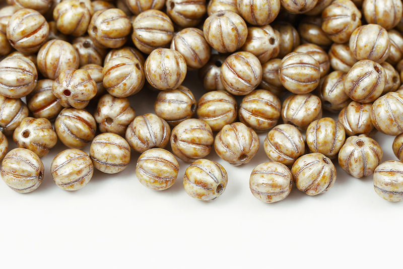 Melon 8mm Chalk Ivory Marble Finish Czech Beads