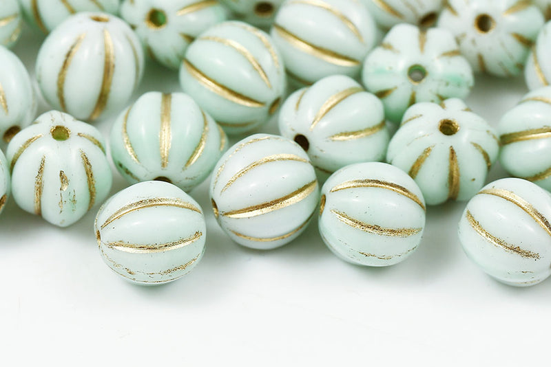 Melon 8mm Opaque White Green Mixed With Gold Czech Beads