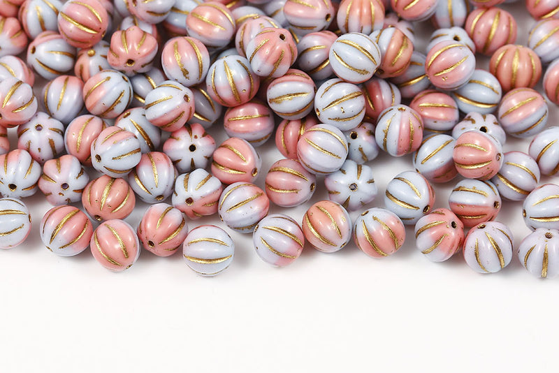 Melon 8mm Opaque Blue Purple Mixed With Gold Czech Beads