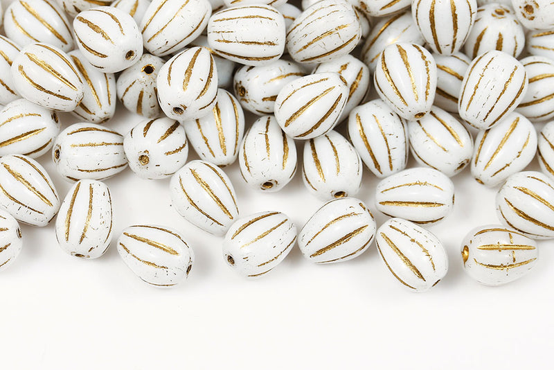 Melon Drops 11×9mm White With Gold Czech Glass Beads