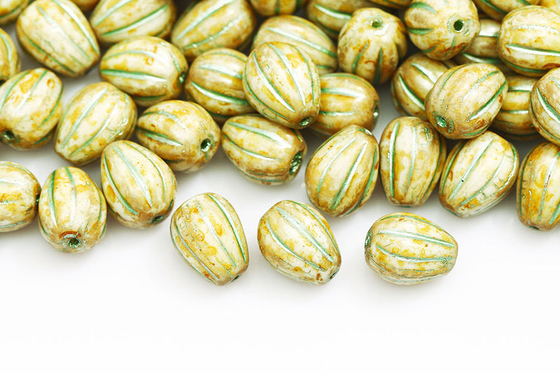Melon Drops 11×9mm Chalk Travertin With Green Czech Beads