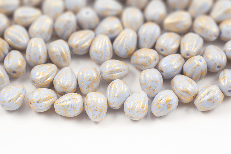 Melon Drops 11×9mm Gold Splash Opaque lLt.Blue Czech Beads